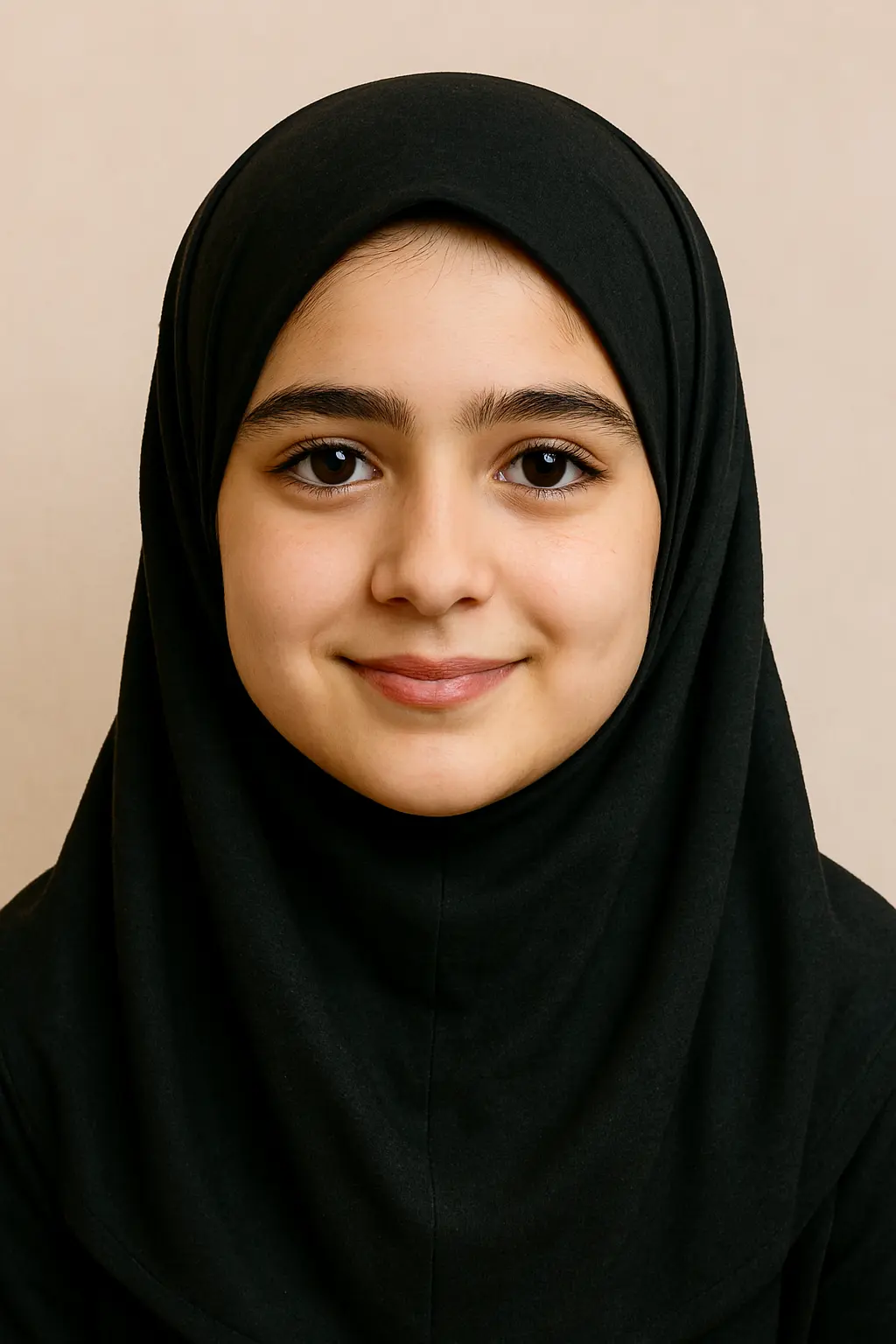 Student Adrina, smiling gently, wearing a dark dupatta, representing a dedicated Quran learner.