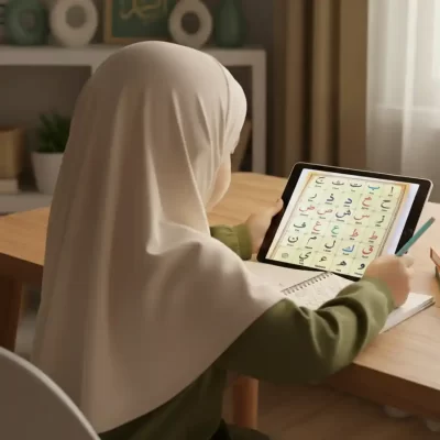 Child learning Arabic letters and Noorani Qaida on a tablet, practicing reading the Quran confidently.