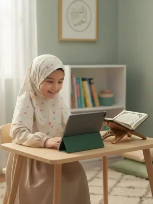 Young Muslim girl learning Quran online on a tablet with an open Quran beside her